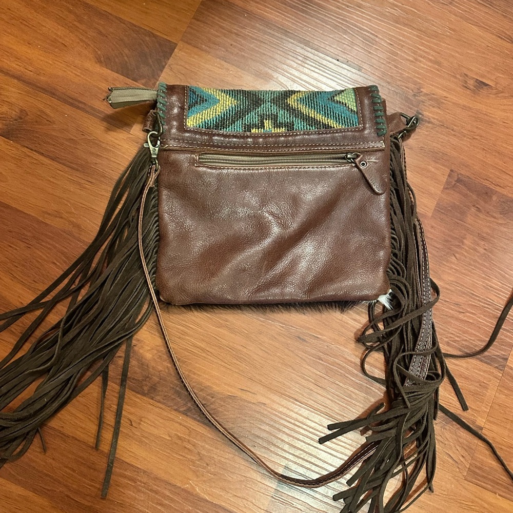 Myra Bag Brown and Green Crossbody with Fringe